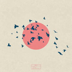 Poster - flock of birds. isolated silhouettes of flying pigeons. sumie style