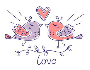 vector romantic illustration of happy couple doodle bird with heart and word love