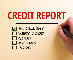 Wall Mural - Excellent credit report symbol. Male hand with pen. Words 'credit report' and other business terms on white paper. Business and excellent credit report concept. Copy space.