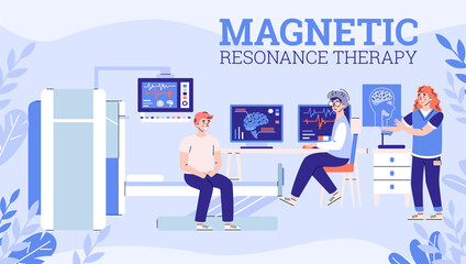 Wall Mural - Banner with doctor and nurse explaining patient results brain mri scan. Medical diagnosis mrt, magnetic resonance tomography technology in hospital clinic. Vector illustration.