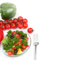 Wall Mural - Vegetable salad, plate and fork on white long horizontal background.