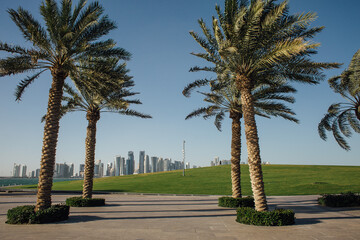 A sunny spring day in Qatar, with the Qatari skyscraper in the background