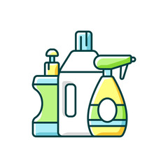 Sticker - Cleaning products RGB color icon. Janitorial supplies, chemicals for household cleaning and housekeeping. Different detergents bottles. Isolated vector illustration