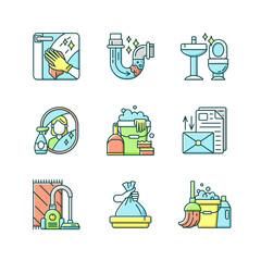 Wall Mural - Housekeeping chores RGB color icons set. Professional cleaning and plumbing service. Domestic responsibilities, work around the house. Isolated vector illustrations