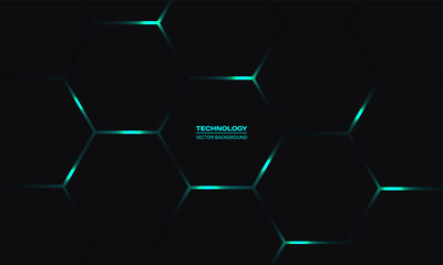 Wall Mural - Black hexagonal technology vector background. Turquoise bright energy flashes under honeycomb in dark modern technology futuristic abstract background.