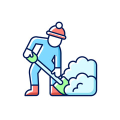 Wall Mural - Hand shoveling RGB color icon. Removing huge amounts of snow with shovel. Hard work in winter. Cleaning area around your house. Isolated vector illustration