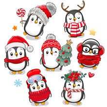 Cute Cartoon Christmas Penguins On A White Background