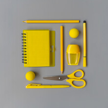 Yellow Stationery Square On Gray. Flat Lay, Color 2021.