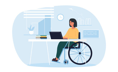 Young pretty disabled woman in wheelchair working on laptop computer at home or office. Handicapped businesswoman character at workplace. Disability concept. Flat cartoon vector Illustration.