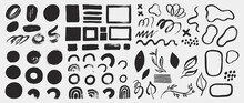 Collection Of Vector Grunge Elements, Brush Strokes, Paint Spots, Lines And Abstract Shapes. Black Ink Stains Isolated On White. Minimalistic Design Elements In Hand Painted Style.