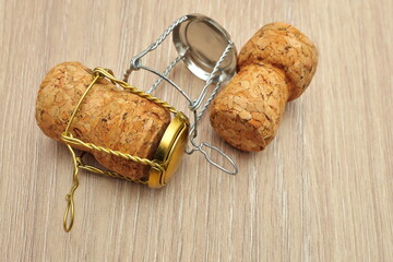 Two corks from sparkling wine on the table. After the holiday.