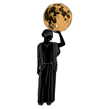 Standing Ancient Greek Woman Or Goddess Holding Full Moon. Selene Or Nyx. Muse Urania.