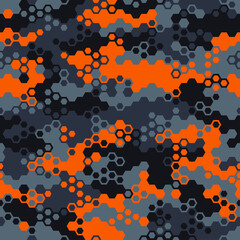 Hexagonal camouflage seamless pattern. Abstract modern geometric military endless background texture for fabric and fashion print. Vector illustration.