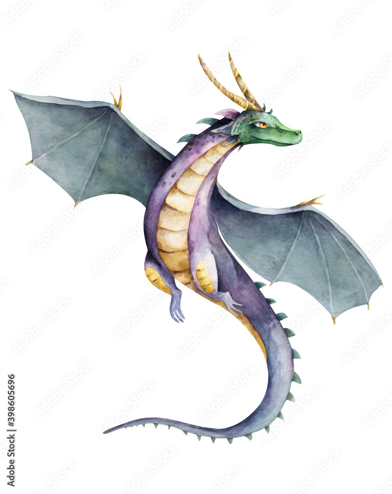 Cute green flying dragon Hand drawn watercolor nursery Isolated ...