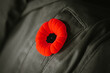 Close up of artificial poppy flower on coat lapel for Remembrance Day.