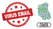 Vector Coronavirus New Year Composition Lublin Voivodeship Map And Virus Email Grunge Stamp Imitation. Virus Email Seal Uses Rosette Shape And Red Color.
