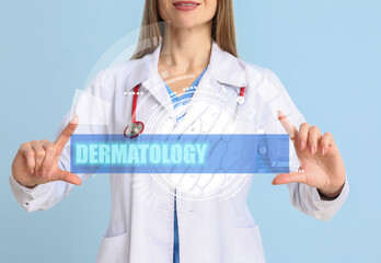 Canvas Print - Doctor with word DERMATOLOGY on virtual screen against color background