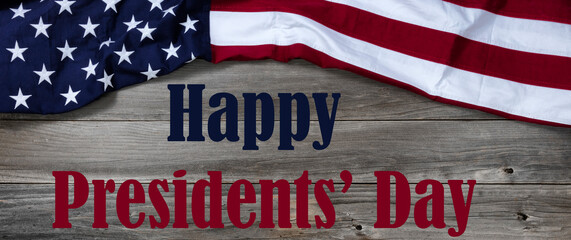 Wall Mural - Happy Presidents Day text with cloth US flag on top border of rustic wood