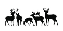 Vector Set Of Black Deer Stag Reindeer With Antlers.Outline Silhouette Stencil Drawing Illustration Isolated On White Background .Sticker.T Shirt Print.Plotter Cutting. Laser Cut. Christmas Decoration