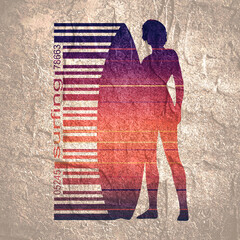 Wall Mural - woman posing with surfboard. surfing emblem for web design or print. bar code connected with silhoue