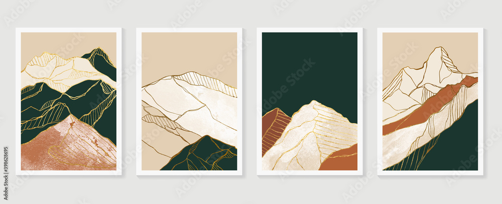 Luxury Gold Mountain wall art vector set. Earth tones landscapes backgrounds set with moon and sun.  Abstract Plant Art design for print, cover, wallpaper, Minimal and  natural wall art.  - obrazy, fototapety, plakaty 