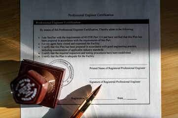 Selective focus on generic professional engineer, architecture. or surveyor stamp and certification statement