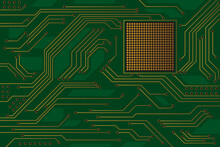 Hi Tech Green Circuit Board Background With Gold Plated Lines.