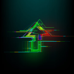 Wall Mural - Futuristic glitch up arrow in cyberpunk style. Modern glowing direction pointer with distortion effect. Good for design promo electronic music events, games, banners, web. Vector illustration