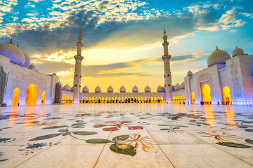 Grand mosque of Abu Dhabi at sunset. UAE