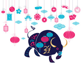 Wall Mural - Chinese New Year 2021 card. Year of Ox. Chinese zodiac symbol of 2021. Vector Design