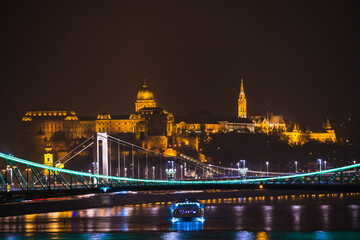 Sticker - Buda Castle and Liberty bridge illuminated at night. Budapest. Hungary 