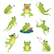 Cute Green Frog Jumping, Sitting on Leaf and Catching Fly Vector Set