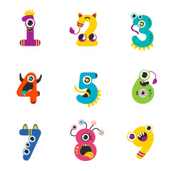 Wall Mural - Funny Monsters Colorful Numbers Set, Cute Fantasy Aliens in the Shape of Numerals, Mathematics, Learning Material for Kids Cartoon Style Vector Illustration