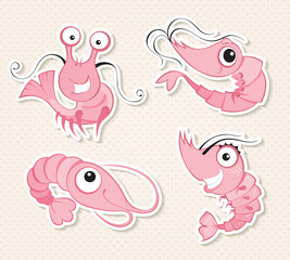 Wall Mural - Cool shrimps stickers design characters in cartoon style.