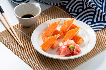 Crab stick - Surimi - Thanh Cua - Asian Japanese food style with ginger and wasabi decoration