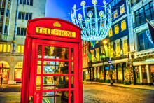 Traditional Telephone Box In Christmas At Bond Street In London. England