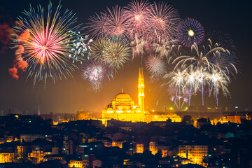 Fireworks near Suleymaniye Mosque. Istanbul. Turkey