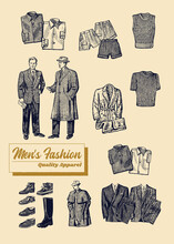 Men's Clothing Quality Apparel  Illustration Set, Retro Fashion For Men Engraved.