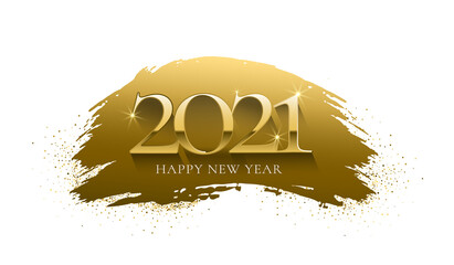 Wall Mural - Happy New Year 2021. Greeting card with golden brush stroke glittering on white background. For holiday invitations, poster, banner. Vector illustration.