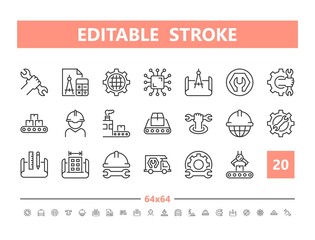 Engineering 20 line icons. Vector illustration in line style. Editable Stroke, 64x64, 256x256, Pixel Perfect.