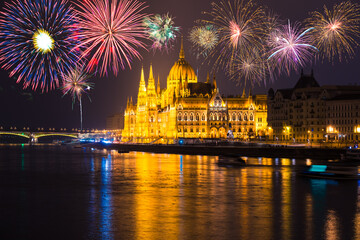 Hungarian parliament with fireworks. Budapest