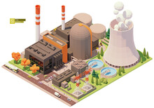 Vector Low Poly Nuclear Power Plant Infrastructure. Includes Reactors, Cooling Towers, Power Lines And Other Related Structures