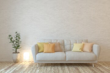 White living room with sofa. Scandinavian interior design. 3D illustration