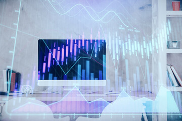 Multi exposure of stock market chart drawing and office interior background. Concept of financial analysis.