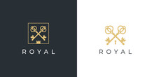 Royal Gold Key Icon. Modern Real Estate Logo Template. Crossed Classic Keys Symbol. Luxury Hotel Sign. Vector Illustration.