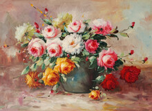 Still Life Vase With Roses. Oil Painting Picture