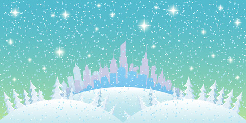 Wall Mural - Festive winter landscape with snow covered trees and city.