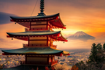 Wall Mural - Fuji mountain at sunset seen from Chureito Pagoda. Fujiyoshida, Japan