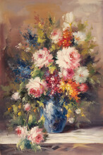 Still Life Vase With Rose Flowers. Oil Painting Picture