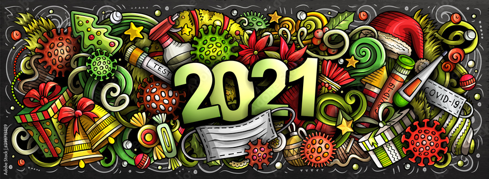 2021 Cartoon cute doodles New Year and Coronavirus illustration. - obrazy, fototapety, plakaty 